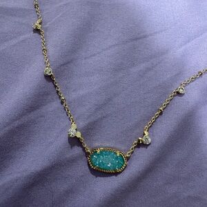 Kendra Scott Exclusive Gold Necklace with Teal Druzy Pendant and Clear Stones